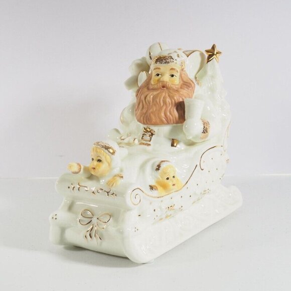 Vintage Musical Sleigh Baum Bros Santa Creamy White Gold Formalites - Picture 2 of 9